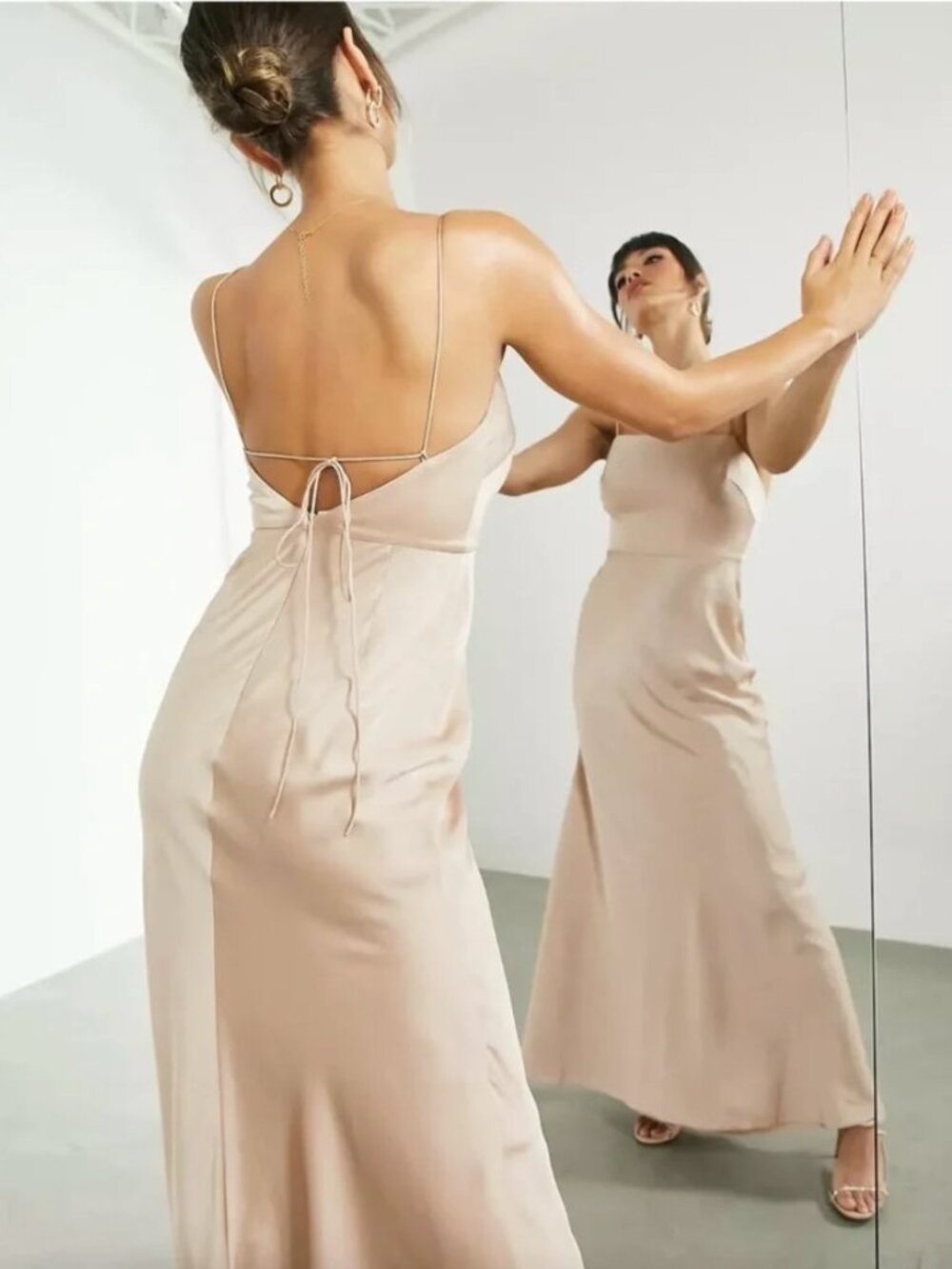 ASOS EDITION Satin Square-Neck Maxi Dress with Tie Back, Caramel